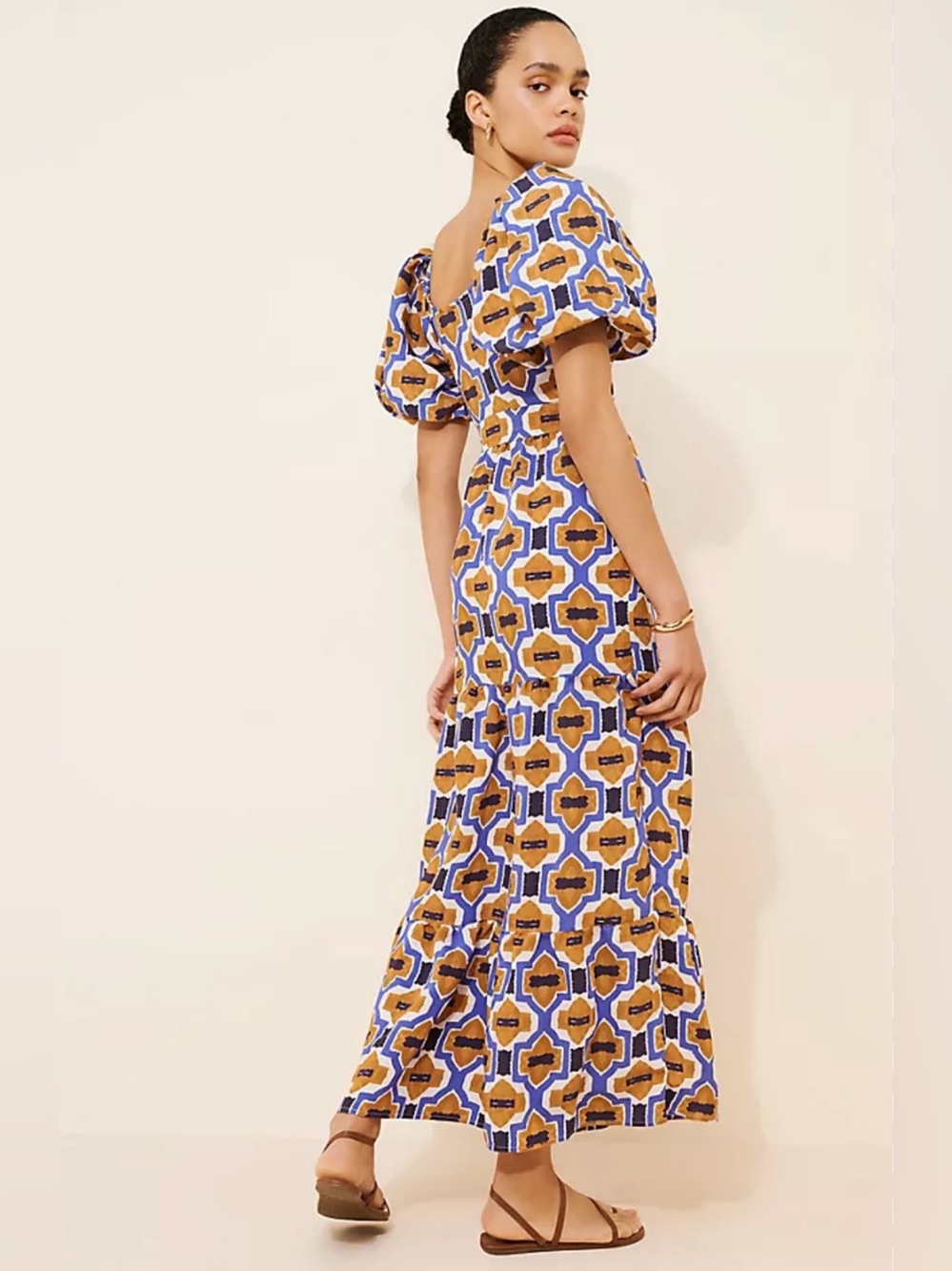 Anthropologie Patterned Cut Out Puff-Sleeve Maxi Dress in Mustard & Blue XSP - Picture 2 of 8
